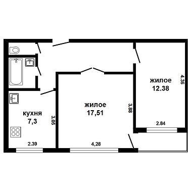 Двухкомнатная квартира, Московская ул. - 160831, план 1