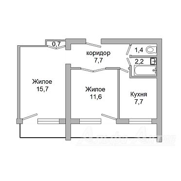 Двухкомнатная квартира, Кривошеина ул. - 220303, план 1