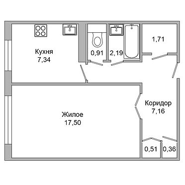 Однокомнатная квартира, Орловская ул. - 200471, план 1