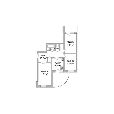 Трехкомнатная квартира, Мичурина ул. - 250466, план 1
