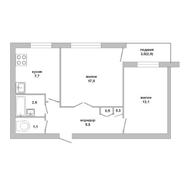 Двухкомнатная квартира, Московская ул. - 250135, план 1