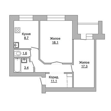 Двухкомнатная квартира, Янки Купалы ул. - 181377, план 1