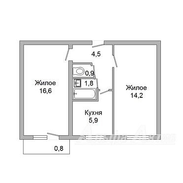 Двухкомнатная квартира, Карбышева ул. - 240202, план 1